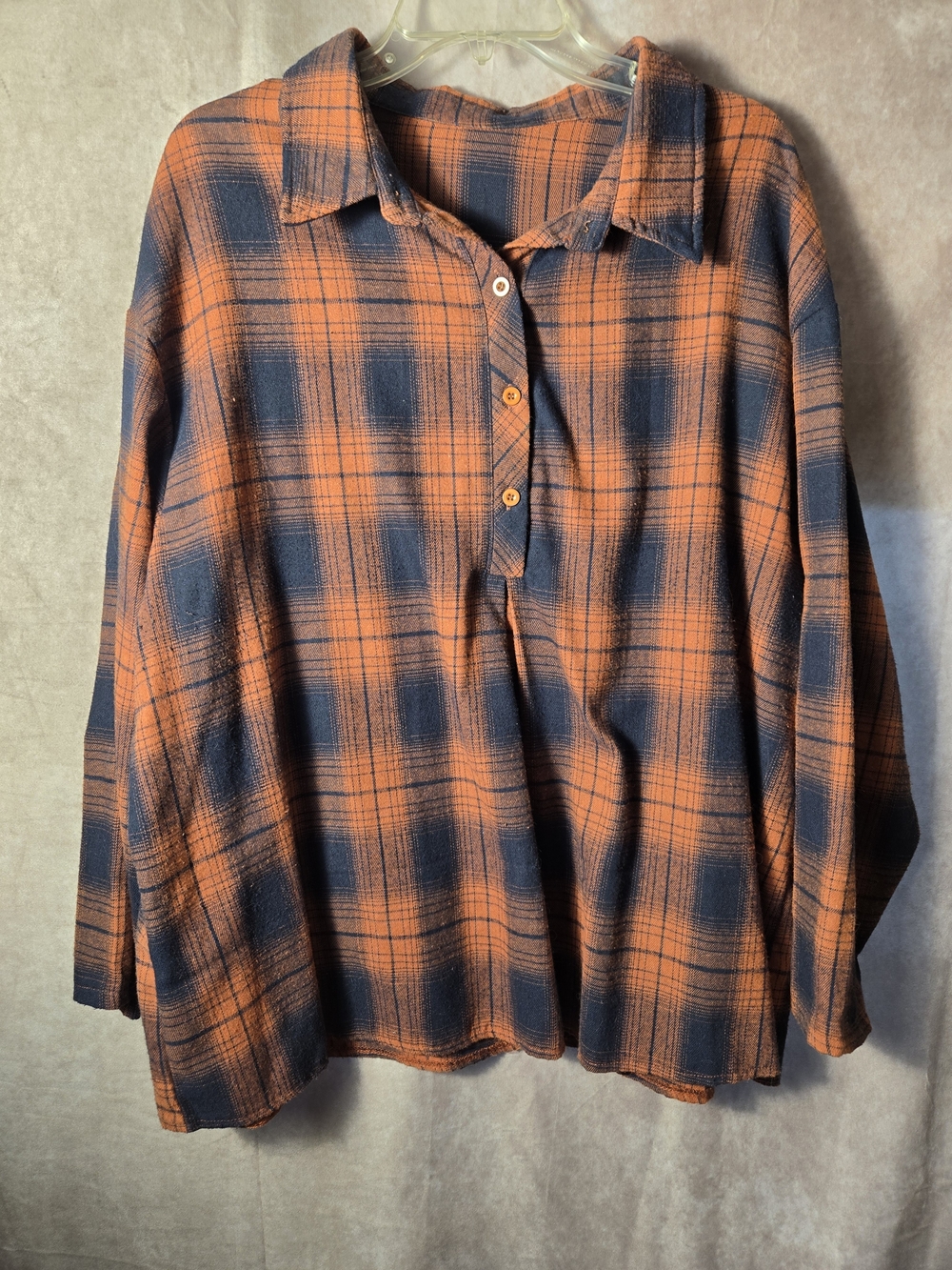 Relaxed Plaid Button Pullover Blouse - Orange & Navy